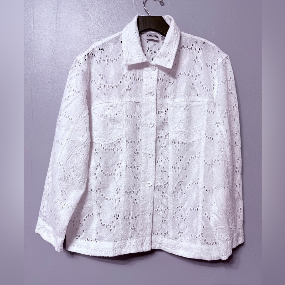 #12)   100% Cotton Chico's White Lace Button-Up Blouse